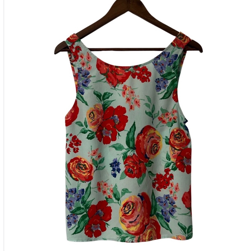 Everly Floral Scoop-neck Sleeveless Tank Top Blue Red Rose Size Large Romantic
